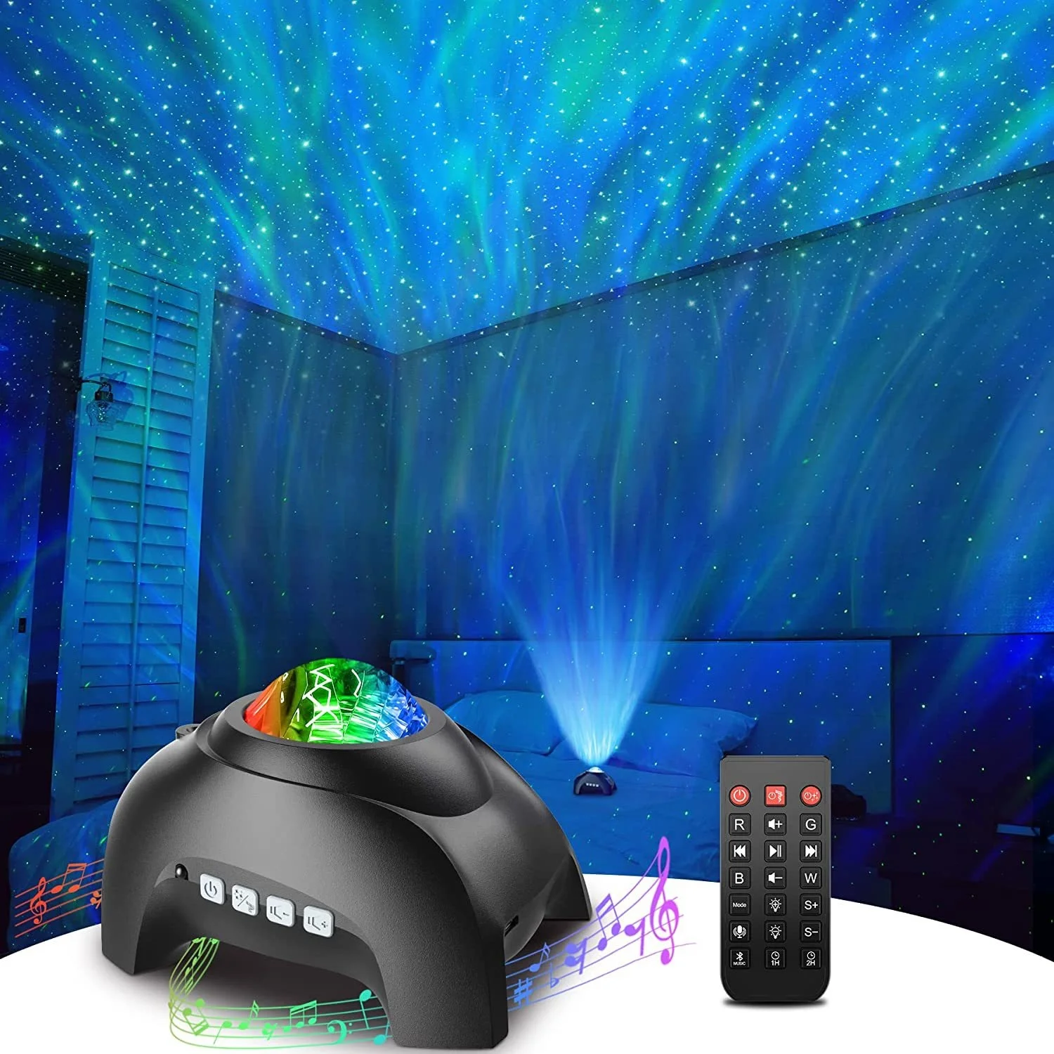 Quarto Aurora Galaxy Star Projector, Luz noturna com ruído branco, alto-falante sem fio, venda quente