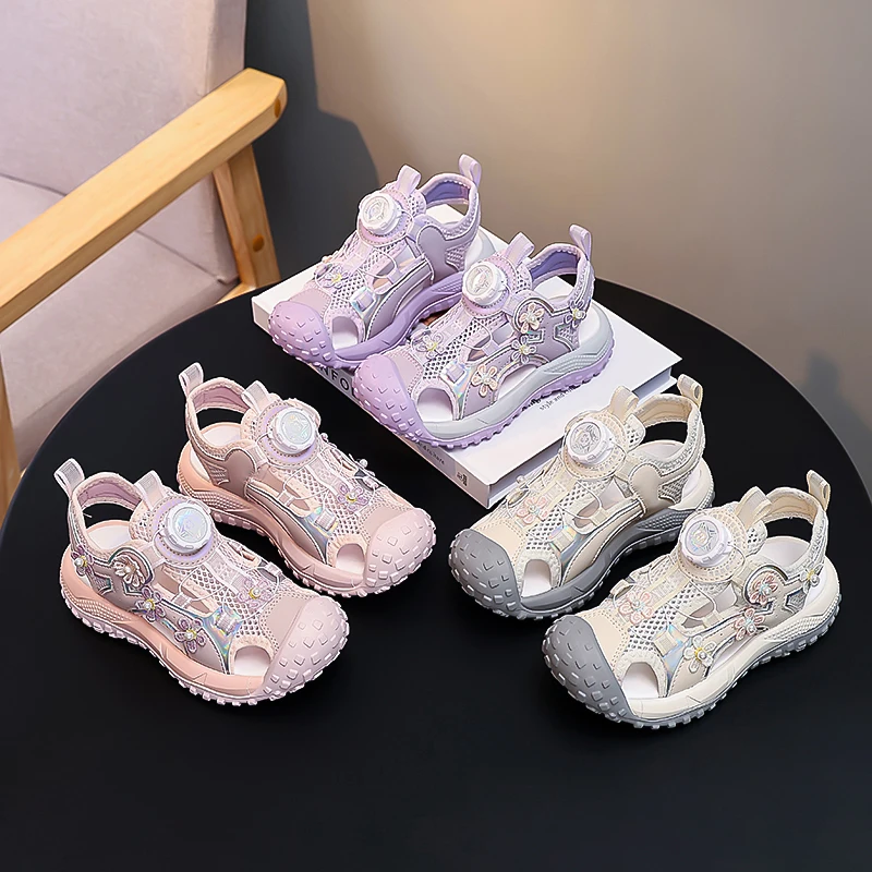 Girls Princess Sandals Sweet Flowers Soft Kids Casual Sandals Toes Capped 2026 Summer Children Sports Sandals Mesh Breathable
