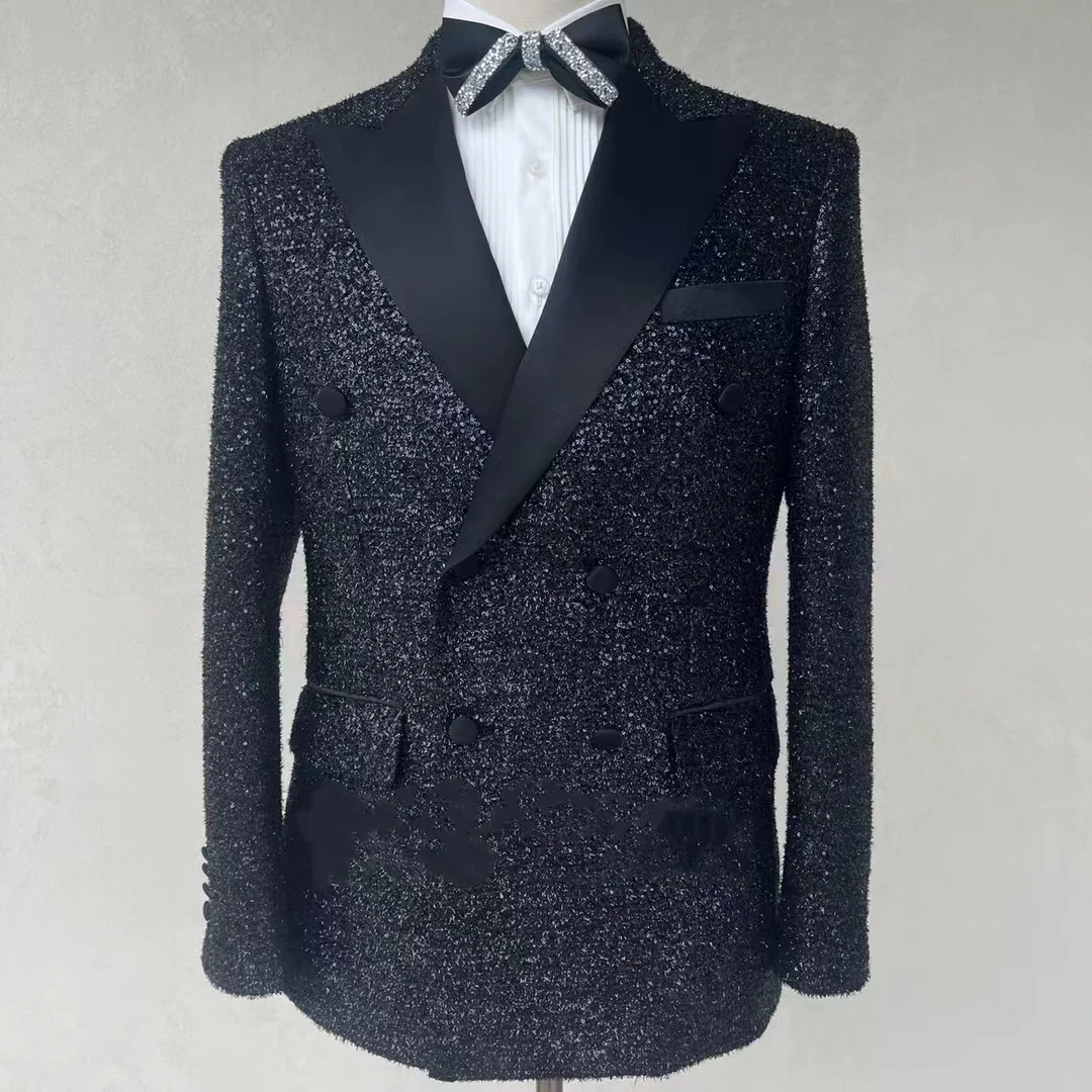 Custom Shiny black Double breaste Wedding Suit Men sequin Formal  Blazer Party performance costume Fashion model runway clothing