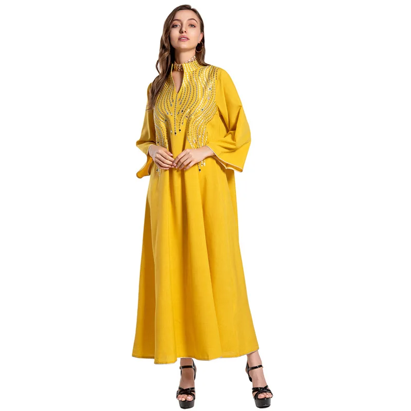 

Muslim Women's Islamic Clothing Middle East Dubai Robe Embroidered Evening Dress Abaya V Neck Long Sleeves Ramadan Party Gowns