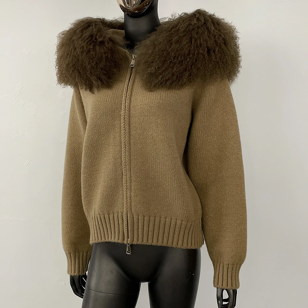 

Cardigan Fashion Real Mongolian Fur Knitwear Real Fur Coat Hooded Casual Knitted Jacket Female Spring Autumn Winter Women