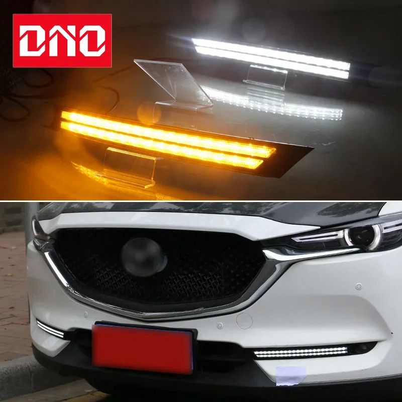 Car LED DRL 12V Daylights For Mazda CX-5 CX5 2017 2018 2019 Yellow Turn Signal Daytime Running Light Car Foglamp