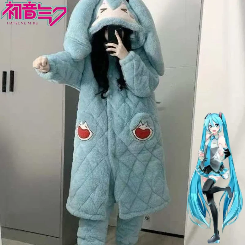 

Hatsune Miku Winter New Sweet and Cute Creative Anime Cartoon Pattern Simple Fashion Thickened Warm Hooded Bathrobe Homewear Set