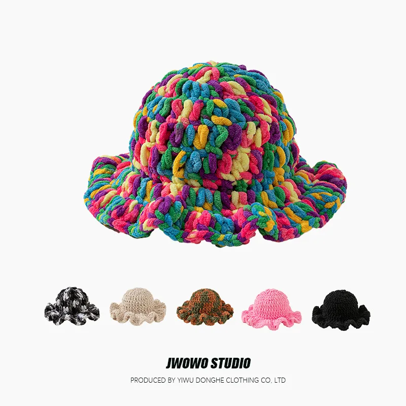 Handcrafted Thick-thread Crochet Colorful Fisherman Hat Solid-color Ruffled Pleated Hat Loose Comfortable Casual Knitted Hats
