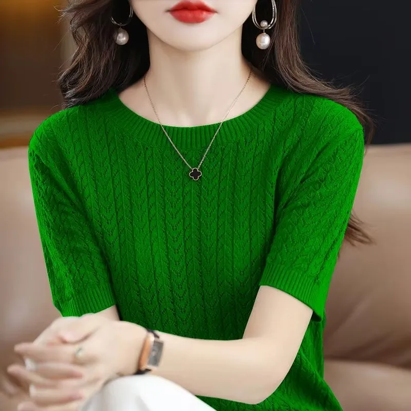 Women Top Solid Color Thin Summer Loose Ice Silk Short Sleeve Female Tee O Neck Thin Light Weight Korean Fashion Casual Sweater