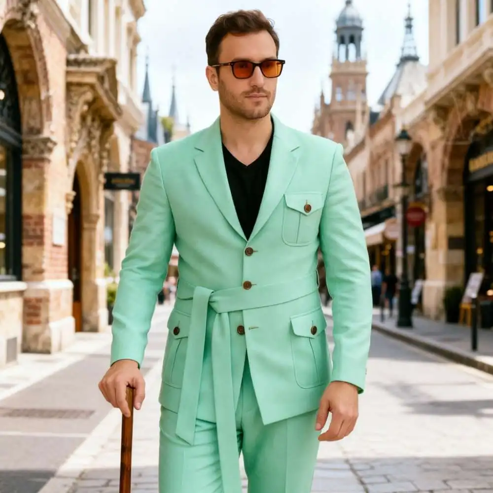 

Мужской бежевый пиджак с поясом, множеством накладных карманов, однобортный, приталенный, повседневный костюм для ежедневной носки, уличной моды и делового стиля