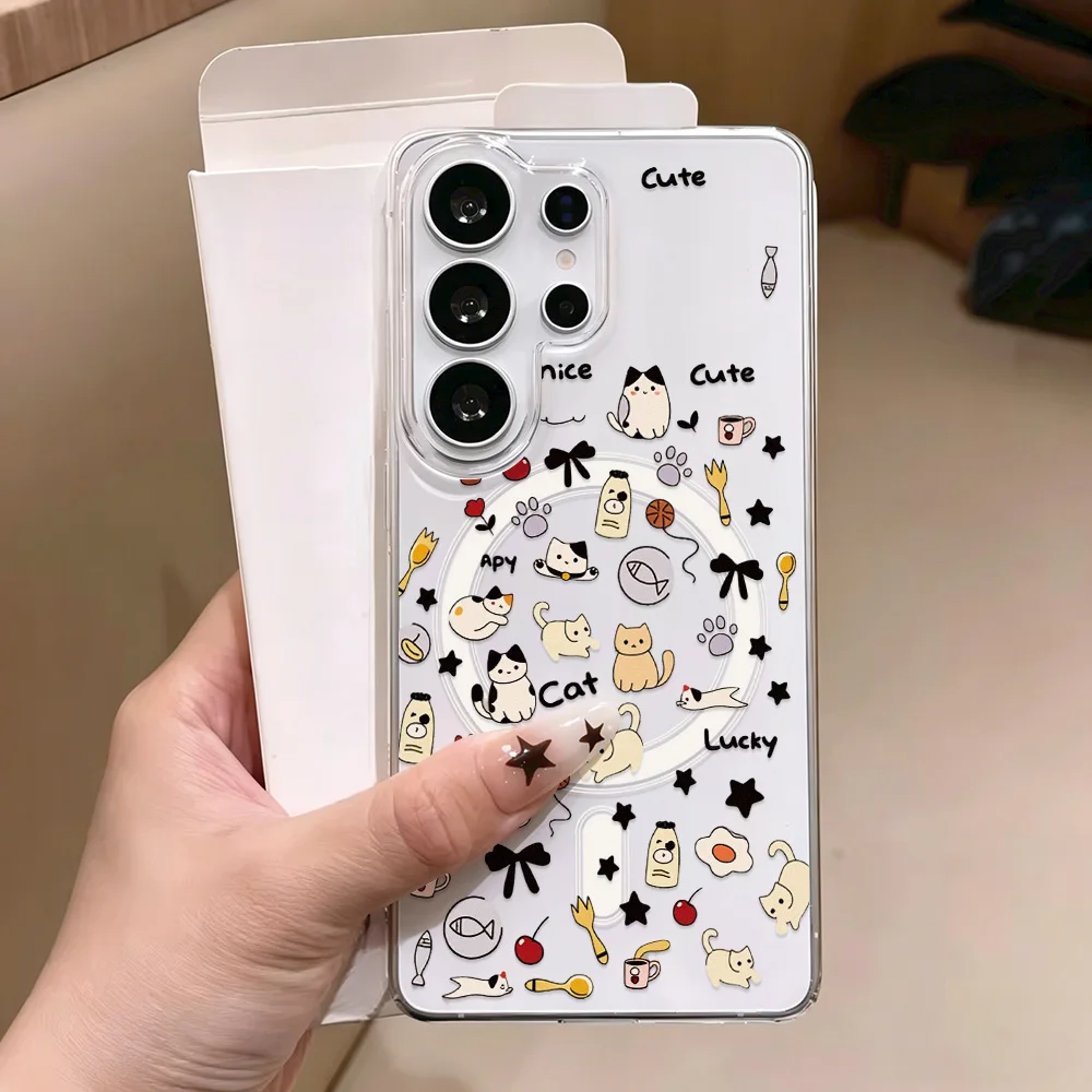 Cute Cat Magnetic Phone Case For Samsung S26 Ultra S25 S24 A57 A56 5G A37 A17 A07 A16 A06 A15 A55 A54 A35 A26 For Magsafe Cover