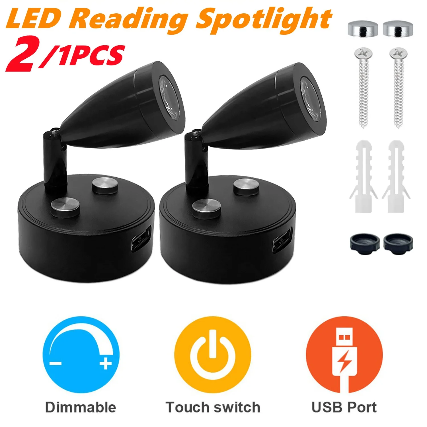 Interior do carro LED Reading Spot Lights, DC 12-24V, prata, preto, RV, barco, caravana, motorhome, cabeceira, lâmpada de parede, 2 pcs, 1pc