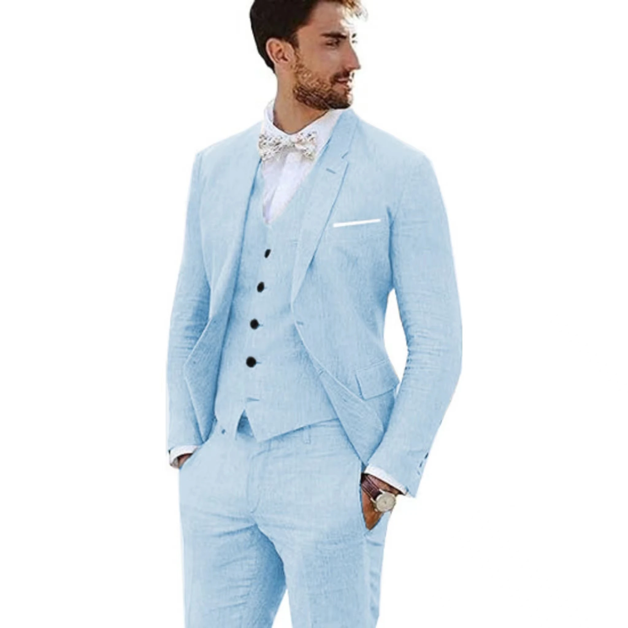 

Casual Men's Linen Suits Regular Fit 3 Piece Tuxedos Notch Lapel Blazer Vest Pants for Evening Party Groomsmen Evening Party