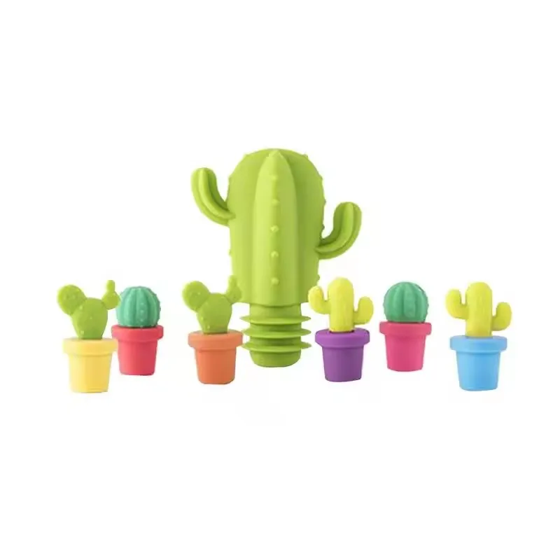 Silicone Cup Charms Cactus Glass Markers Vacuum Drink Stoppers Party Cup Identification Tags Labels Signs Set