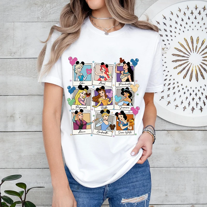 

Disney Princess Cinderella Elsa Little Mermaid Ariel Snow White Print Women's T-shirt Cotton Short Sleeve Casual Top