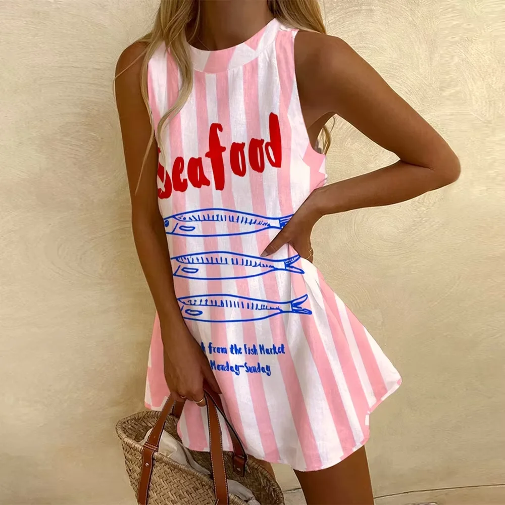 Women\'s Pink Sardines Graphic Dress, Cute Puzzle Print Summer Dress, Sleeveless Casual O-Neck Beach Dress, High Quality Clothing