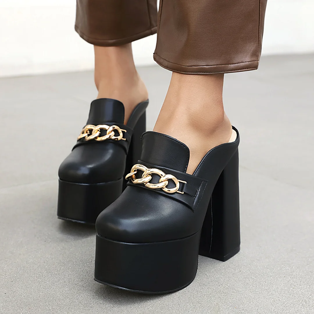 Summer Women Platform Sandals Black Yellow High Chunky Heels Mules Sexy Party Lady Slides Buckle Strap Chain Square Toe Slippers
