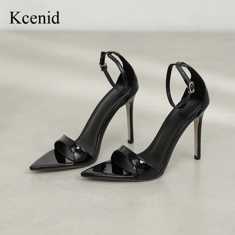 Kcenid Summer Thin High Heels Sandals Women Patent Leather Pointed Toe Sandals Buckle Strap Female Party Dress Shoes Woman