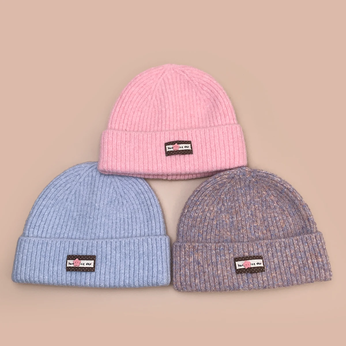 Korean Cute Flower Button Patched Letters Knitted Hats New Women Warm Casual Fashion Outdoor Versatile Travel Ins Niche Beanies 2