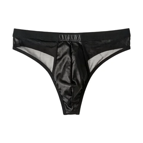 Sexy Men Low Rise Triangle Underwear PU Leather Front Spliced Breathable Mesh Sides Transparent T-back Briefs