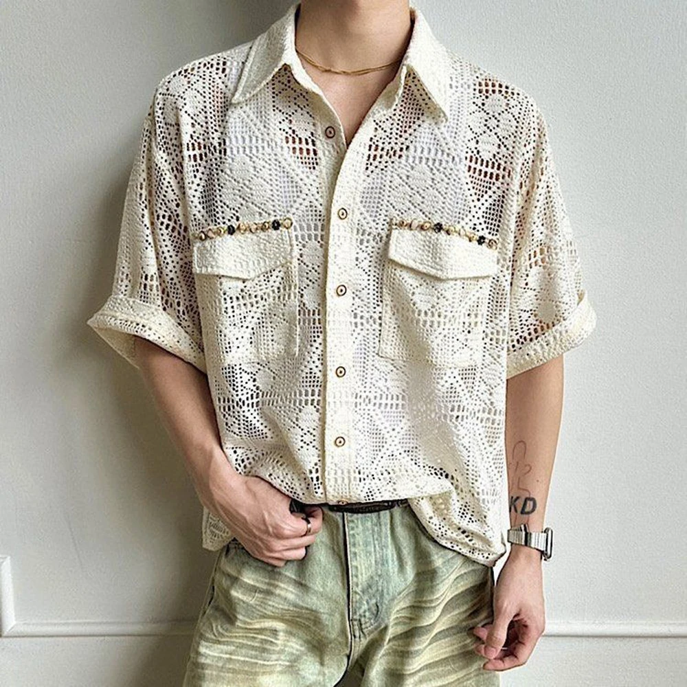 Mens Hollow Out See Through Shirt Summer Streetwear Fashion Niche Nightclub Stage Performance Short Sleeve Top Men'S Clothing