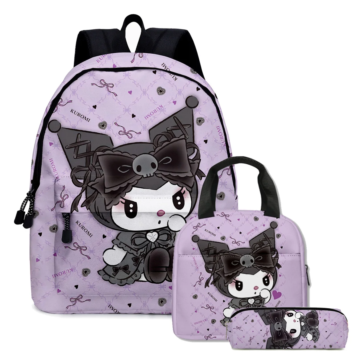 3PC-SET Printing Peripheral Sanrio Kuromi Backpack Student School Bag Pencil Case Bag Mochila Boys Girls Anime kawaii Cartoon