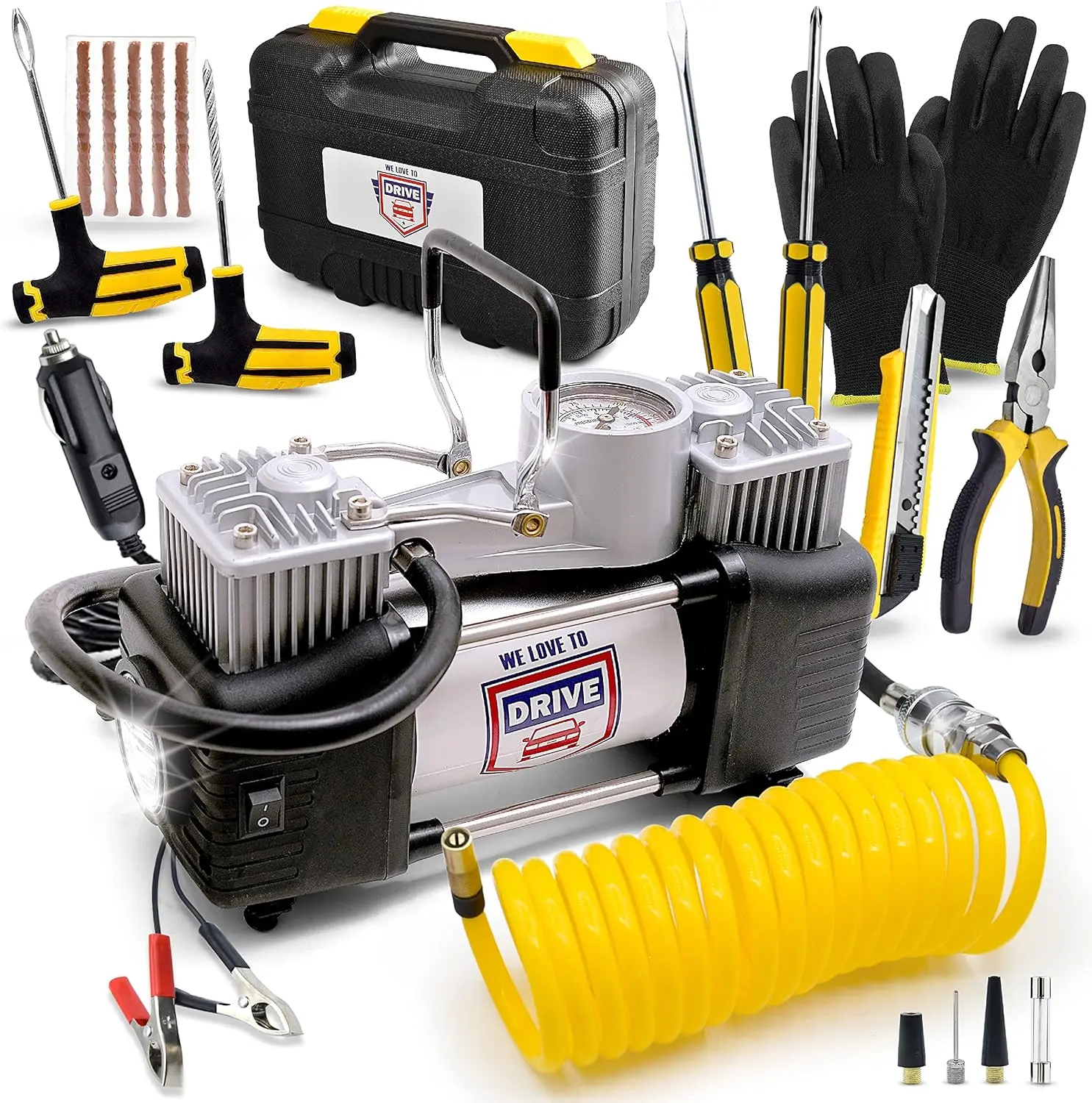 

12 В двухцилиндровый насос для накачивания автомобильных шин, комплект для ремонта проколов для мойки автомобиля, автомобильный аксессуар