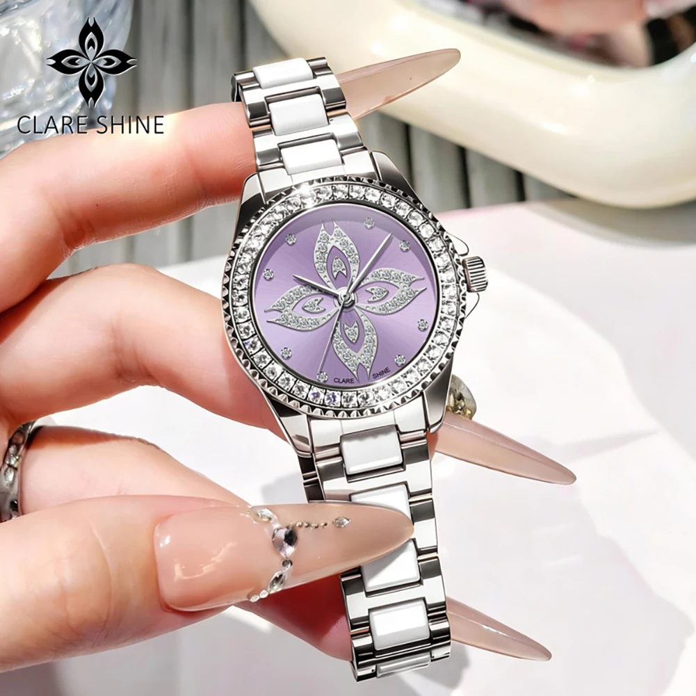 

CLARE SHINE 1806 Elegance Imported Quartz Movement Watch For Women Starry Sky Dial Steel Ceramic Bracelet Light Women Watch