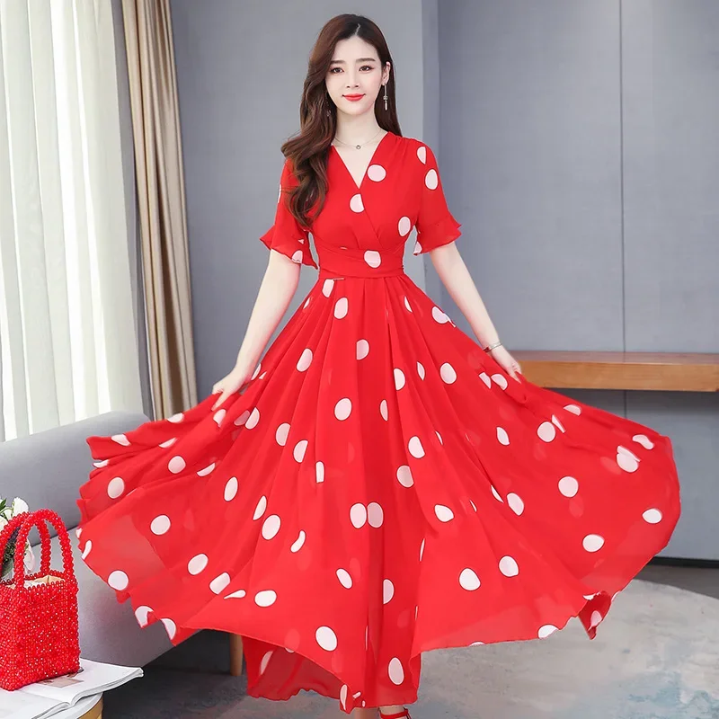 Elegant ยาวผู้หญิง V คอ Polka Dot ชุดชีฟองแขนสั้น 2025 ฤดูร้อนใหม่สุภาพสตรี Casual เอวชุด Vestidos 4XL