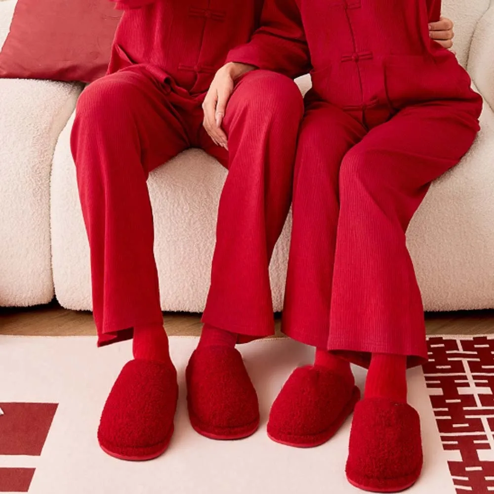 House Shoes Soft New Year Slippers Thickened PVC Red Cotton Slippers Solid Color Home Cotton Shoes Newlywed
