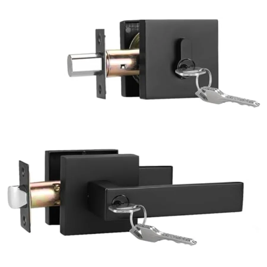 

Flat Black Entry Levers Lock Sets and Single Cylinder Deadbolts Keyed Alike Combination Set, Heavy Duty Square Entry Door Locks