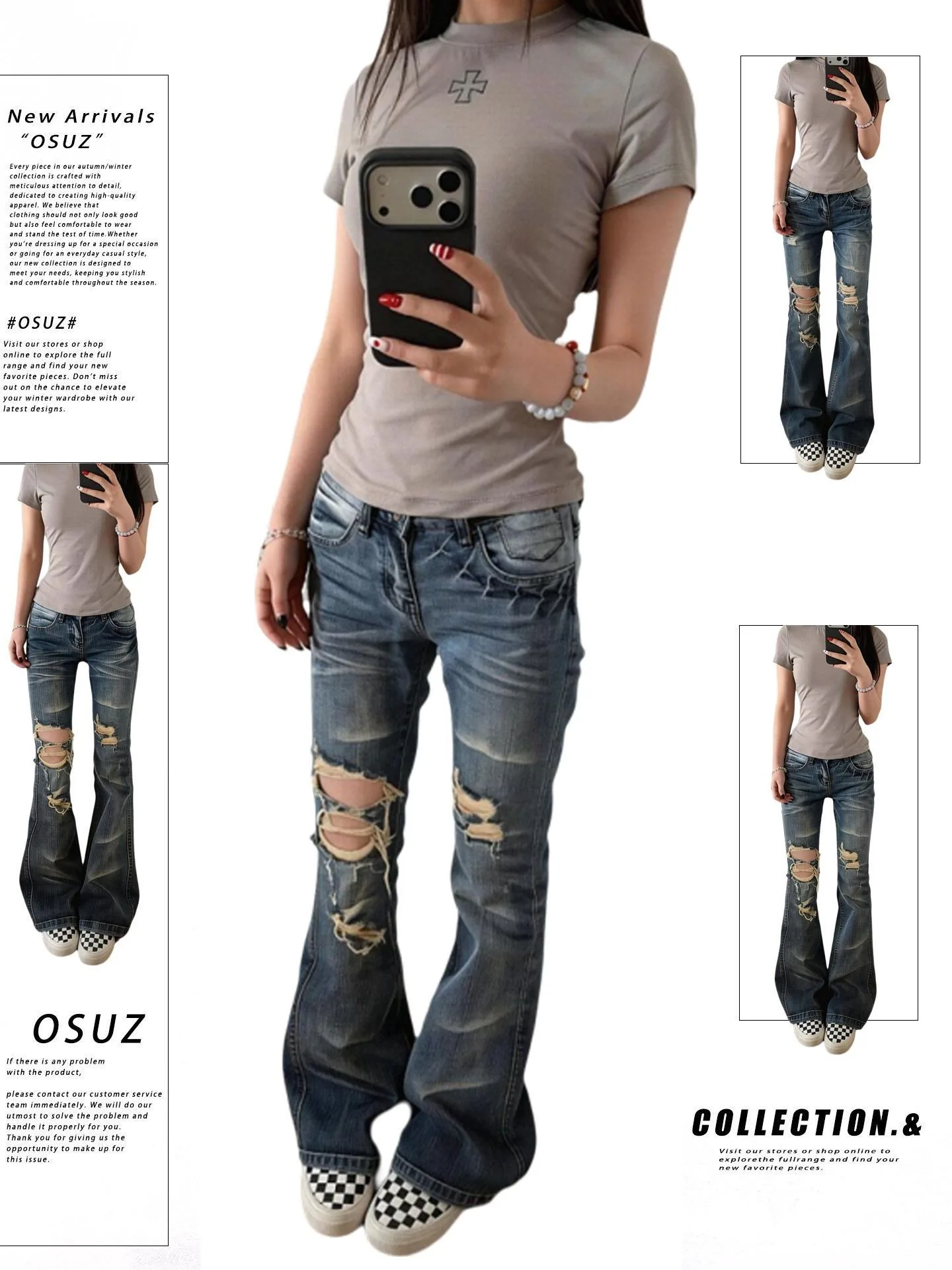 Retro American Washed Slim Low Waist Bell Bottom Jeans Women's Summer Elastic Slimming Ankle Dragging Pants Cotton Elastic Denim