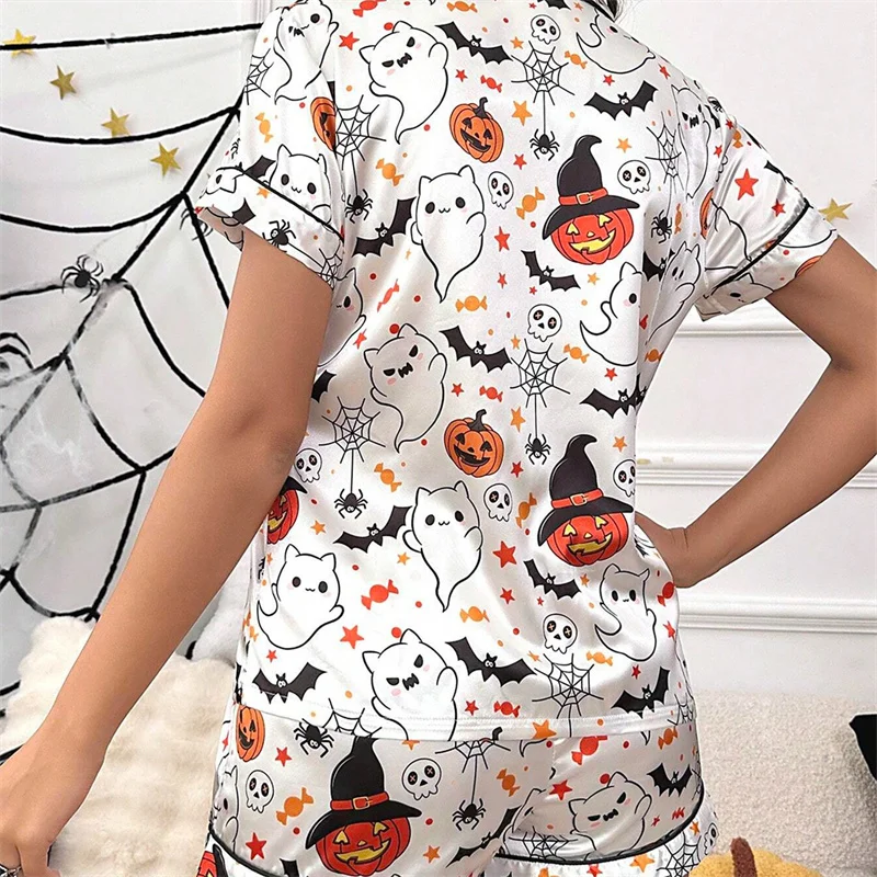 hirigin Women Halloween Pajama Sets Ghost Pumpkin Print Short Sleeve Button Closure Shirts Tops with Shorts Sleepwear Loungewear