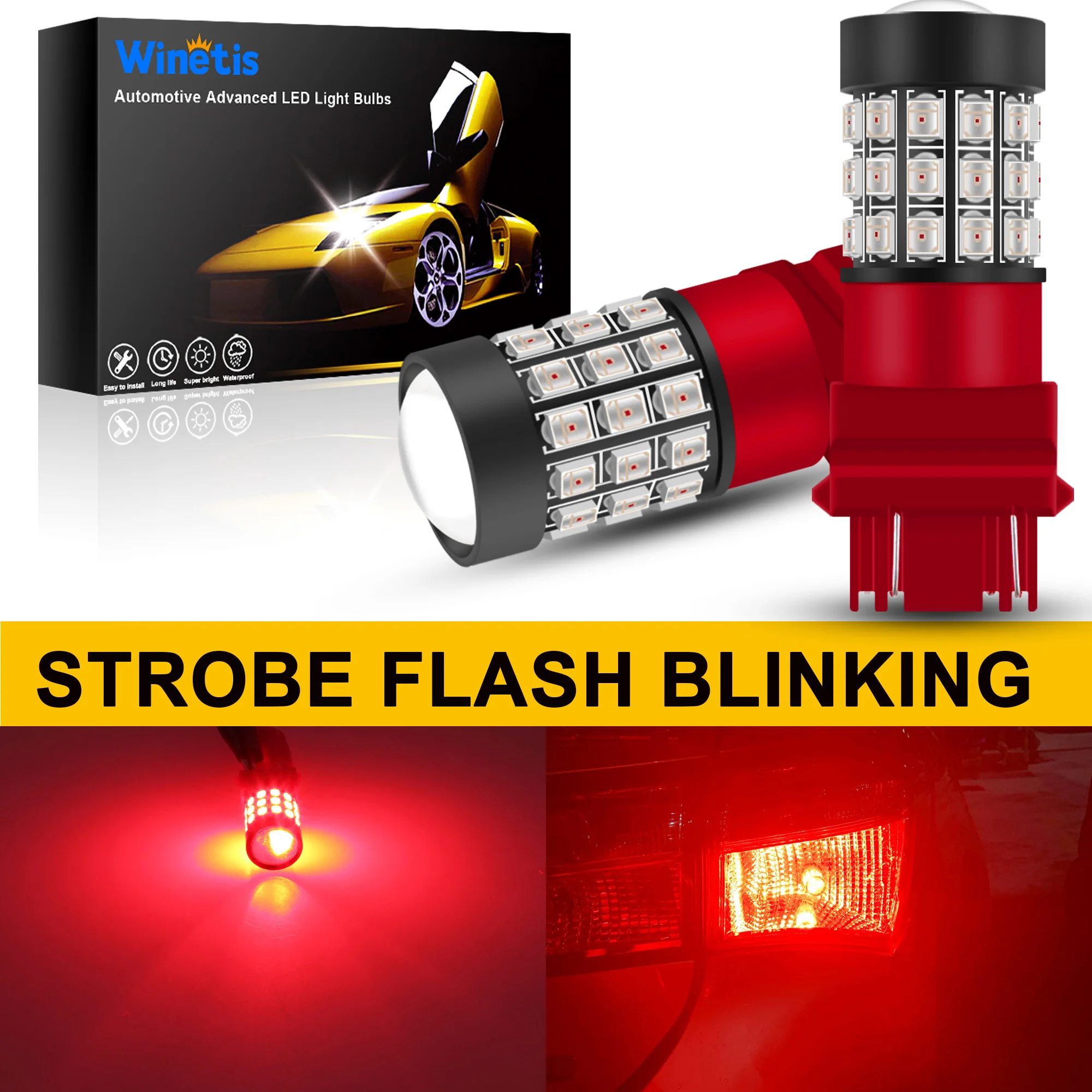 

Winetis 2X T25 3156 3157 LED Strobe Brake Lights Bulbs Red Flashing Stop Lamp 3057K 4057K 3457 4114 3155 Super Bright 2835-SMD