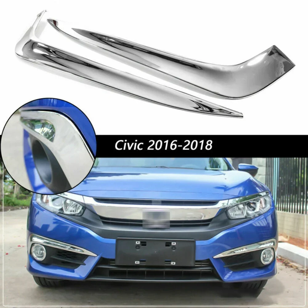 For Honda Civic 10Th 2016-2018 Chrome Front Fog Light Eyelid Strips Molding Trim