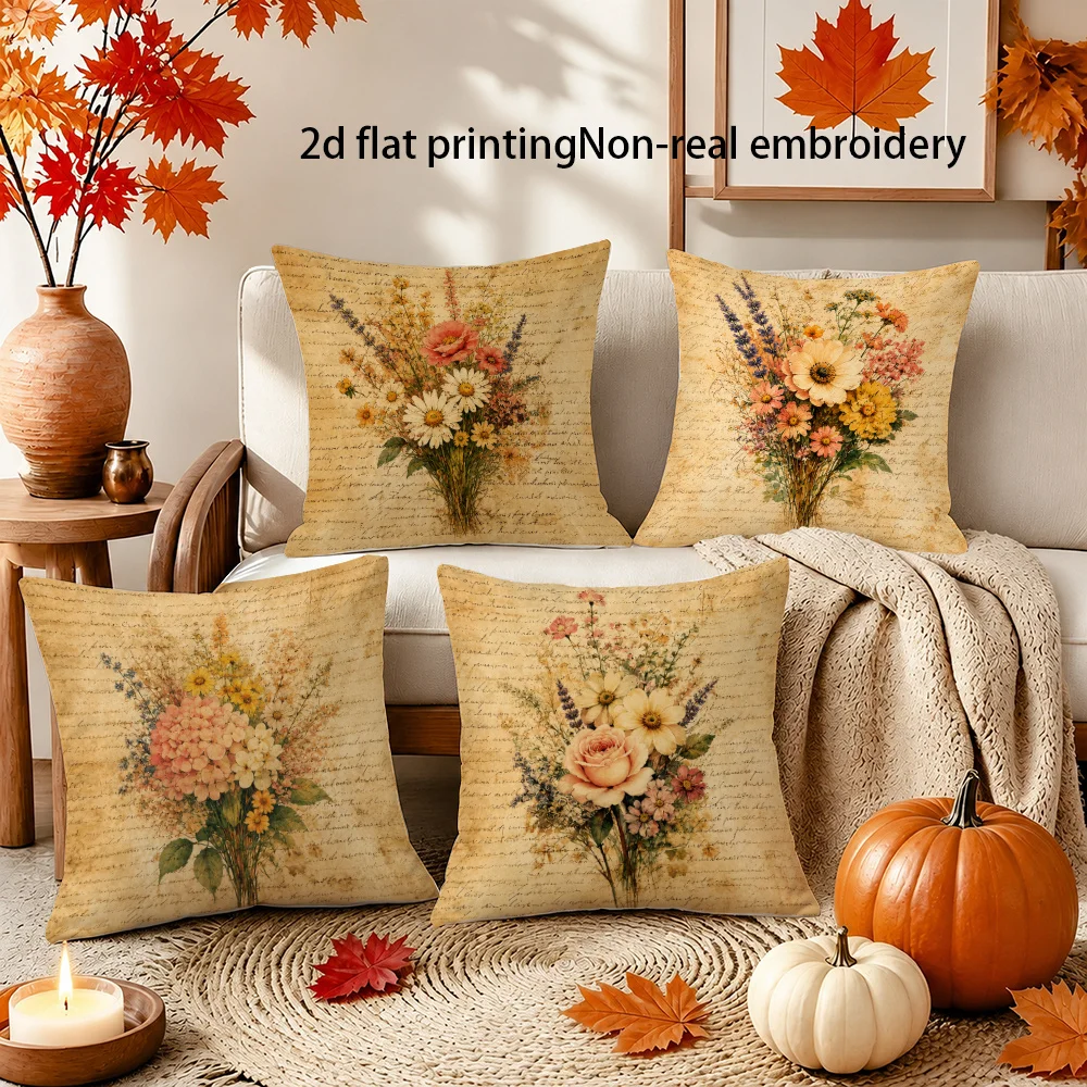 Set of 4 Floral Printed Throw Pillows Vintage Style Botanical Garden Artwork Cushion Covers Polyester Home Decor Shabby Chic