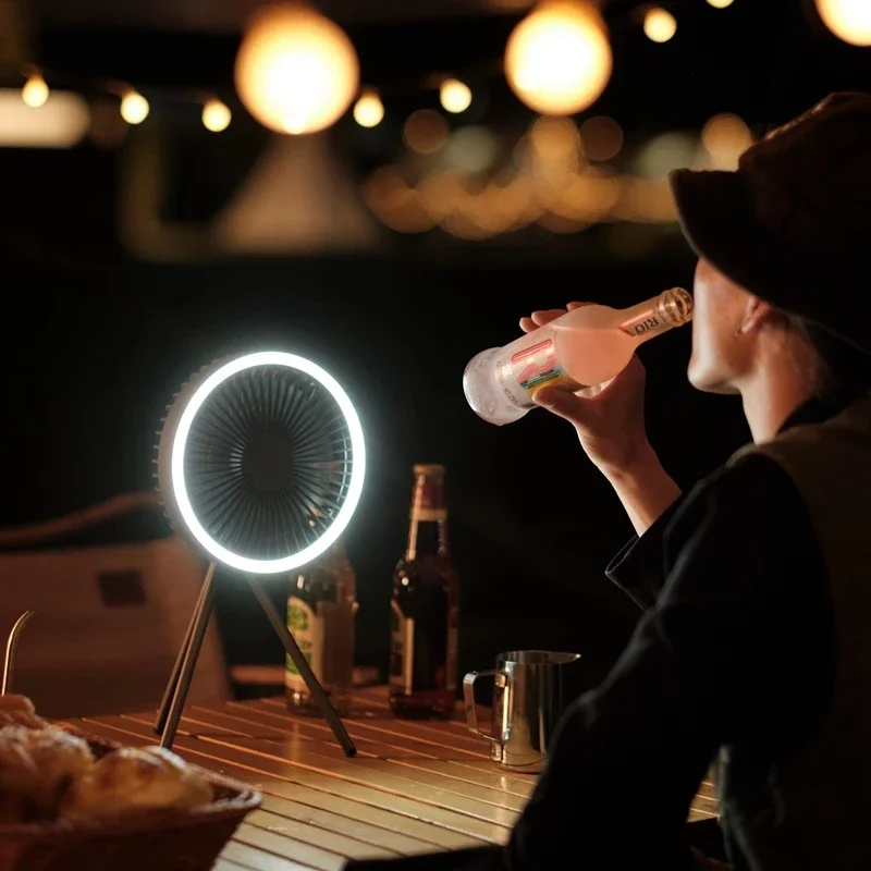 Multifunction Portable Electric Camping Fan Rechargeable Desktop Tripod Stand Cooling Ceiling Fan with LED for Outdoor Traveling