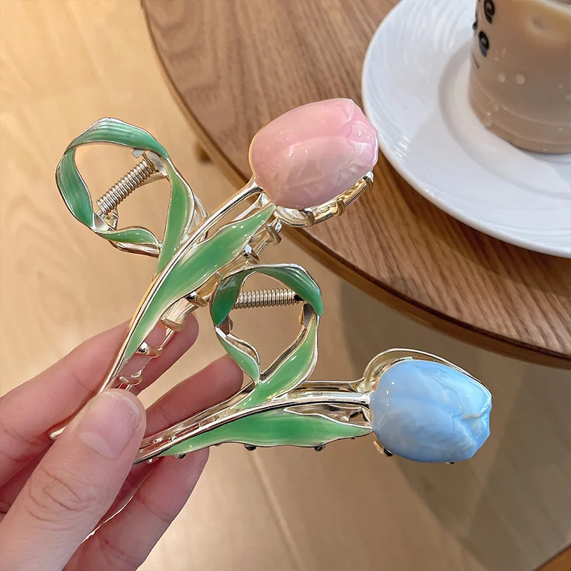 Women Metal Hair Claw Elegant Tulip Flowers Hair Clips Barrette Crab Headband Ponytail Clip Headwear Hair Accessories Tiara