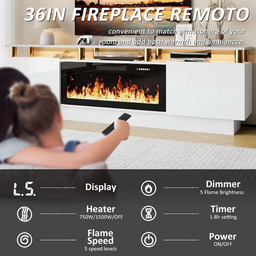 حامل تلفزيون مدفأة 80 بوصة لأجهزة التلفاز حتى 90 بوصة مع مدفأة كهربائية مقاس 36 بوصة عن بعد مركز ترفيه حديث باللون الأسود مع #5