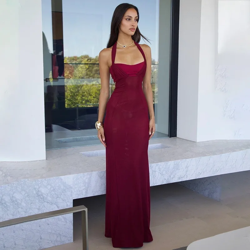 Elegant Party Dress Halter Neck Long Dresses Backless Dress Solid Ruched Bust Maxi Dress Burgundy Floor Length Wedding Guest