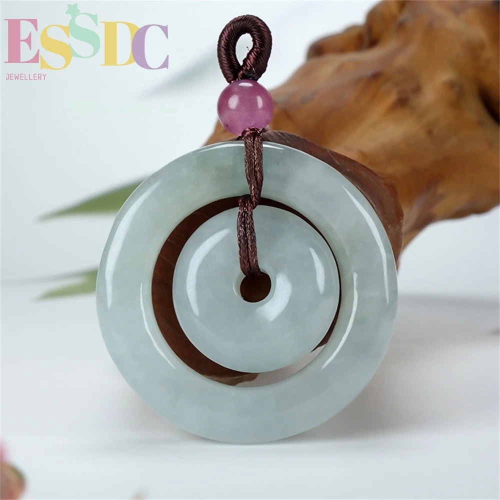 Natural Jade Child Mother Safety Buckle Pendant Sweater Chain for Men and Women Beans Green Floating Flowers Retro Style