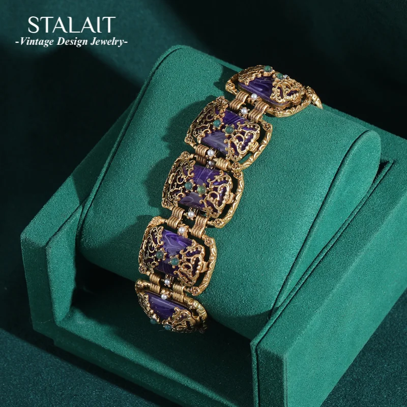 

Vintage Bracelet for Women Antique Jewelry Purple Square Glass Gold Color Hollow Accessories New Luxury Charm Accessories Retro