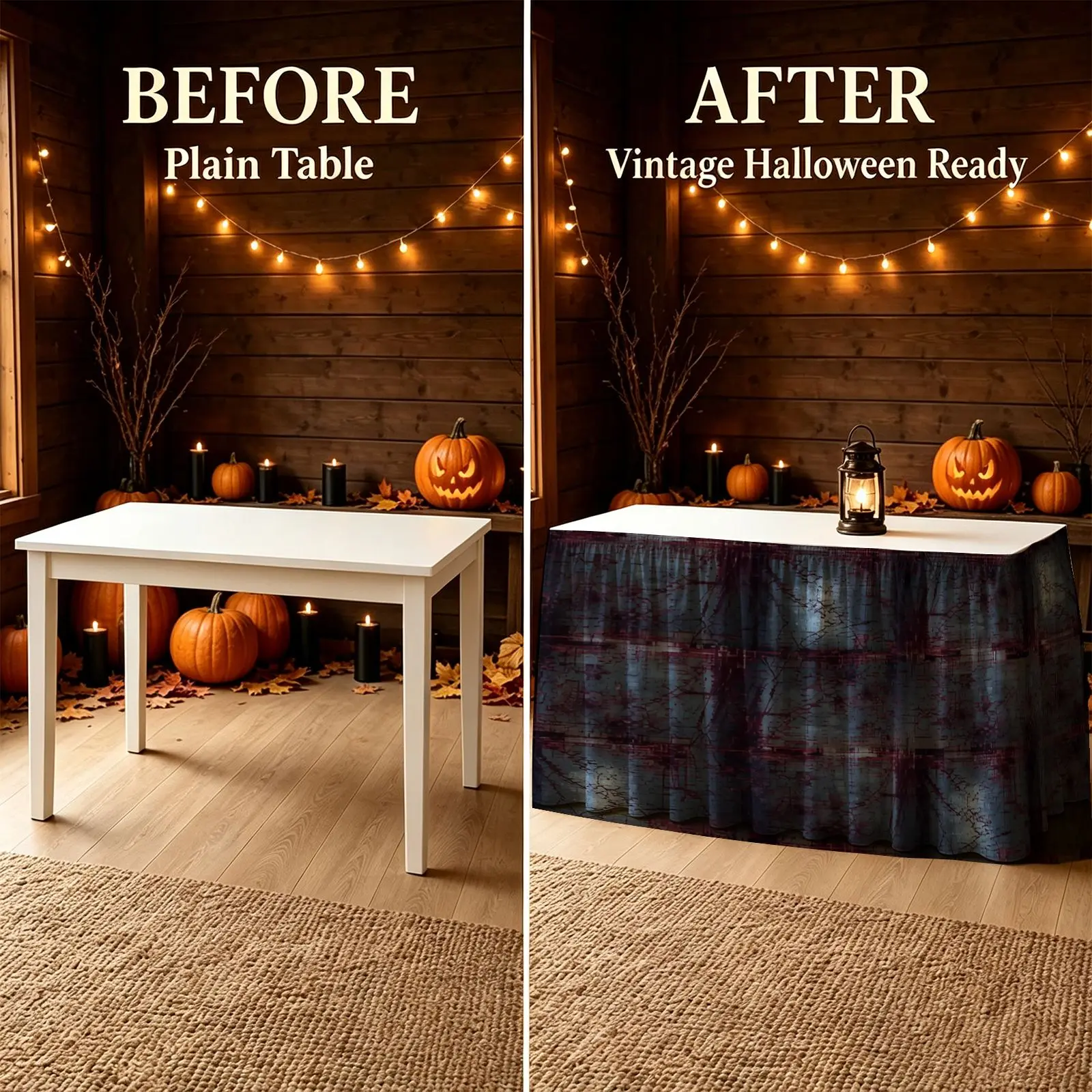 Dark forest tree patterned table skirt with red stripes and fog effect printing, for restaurant and kitchen table decoration