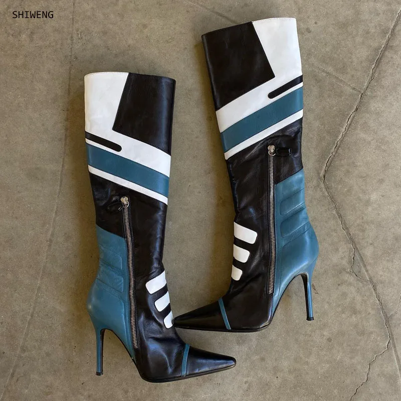 2025 Colorblock Stiletto Mid Calf Boots Women Novelty Pointed Toe Side Zipper Shoes Female Streetwear High Heels Biker Boots 44