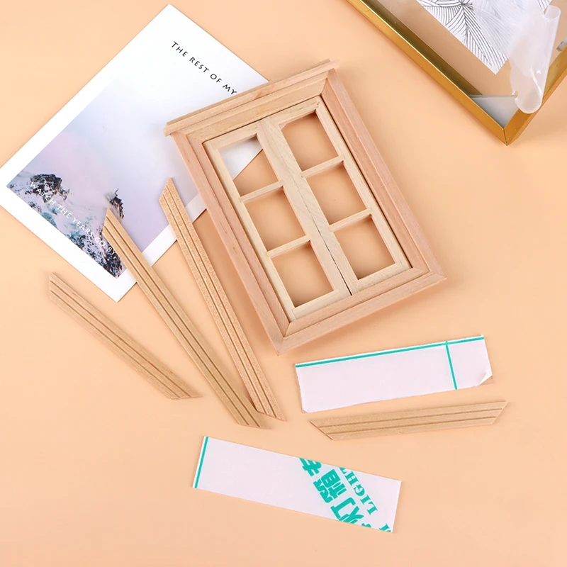 1 conjunto 1:12 casa de bonecas em miniatura sem pintura moldura da janela 6 painéis de janela móveis modelo decoração brinquedo casa boneca acessórios