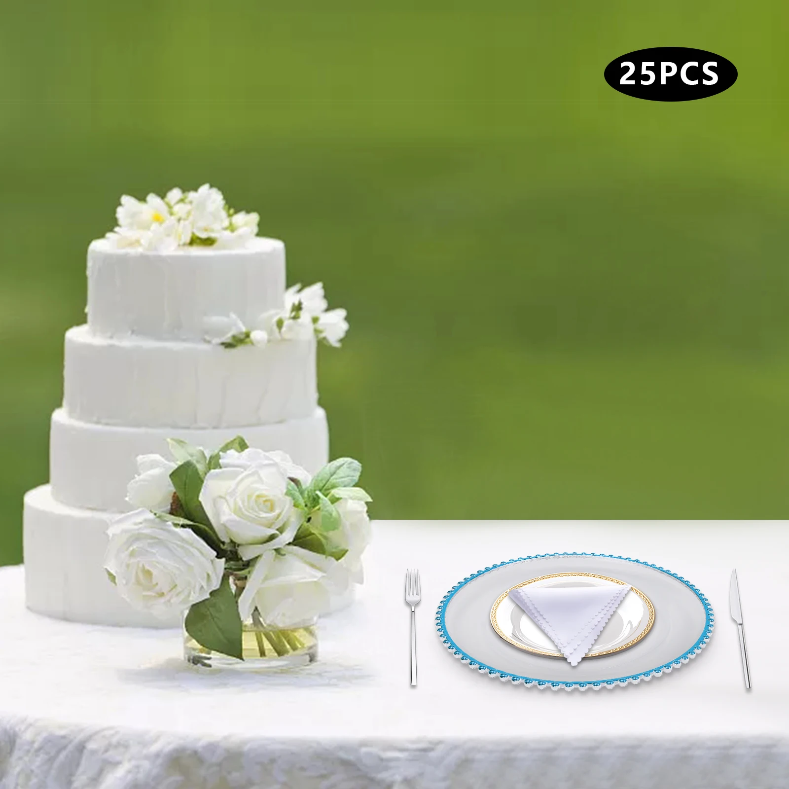 

25-Piece 12.6 Inch Clear Blue Charger Plates With Gorgeous Beaded Edge Design, High-Quality PS Material For Weddings Banquets