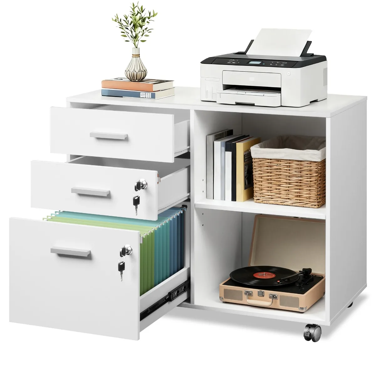 

3-Drawer Lockable Rolling File Cabinet with Adjustable Shelf & Printer Stand - Mobile Under Desk Storage Organizer Suitable for Home Office, Small Spaces, Assembly, Compact Modern Filing Cabinet with Locks, Space-Saving