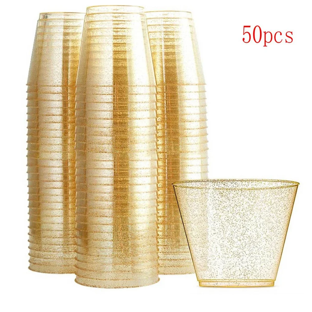 Gold Plastic Cups Clear Plastic Wine Glasses, Fancy Disposable Hard Plastic Cups with Gold Glitter for Party Cups 50Pcs