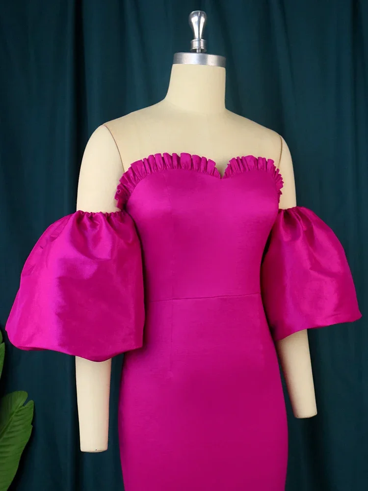 Vestidos de Fiesta rosa roja para mujer, Tops de tubo ahuecados, hombros descubiertos, manga abombada, vestido Midi ajustado, vestido de cóctel de noche para boda