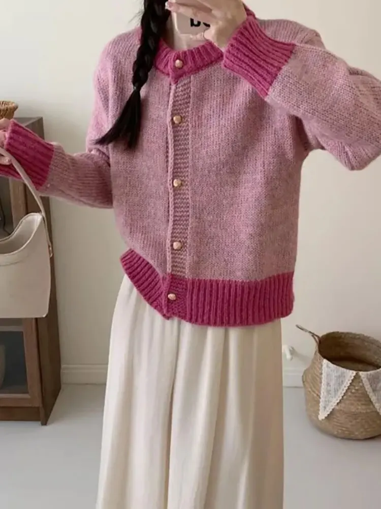 

New Korean Style Patchwork Color Collar Knitted Sweater Cardigan Versatile Casual Long Sleeved Jacket Fall Winter Fashion Tops
