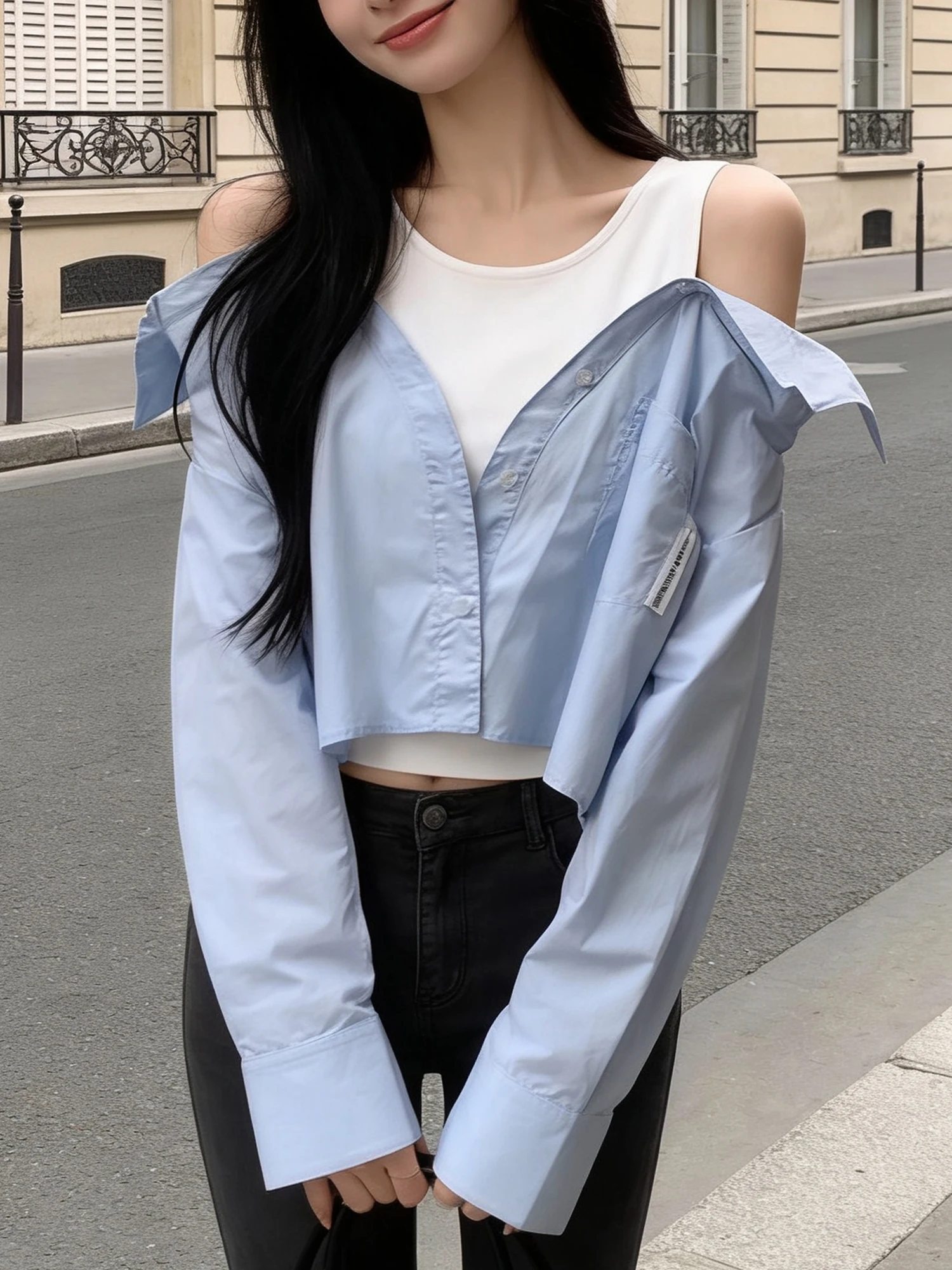 

Slim Fit Color Blo oulder Bared Long Sve irt Женский модный дизайн ort Sle из двух частей Зимнее новое поступление