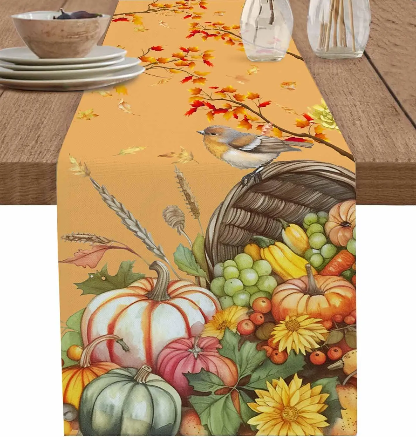 Fall Maple Leaves Fruit Pumpkin Linen Table Runner Party Decor Reusable Kitchen Dining Table Runner Thanksgiving Decorations