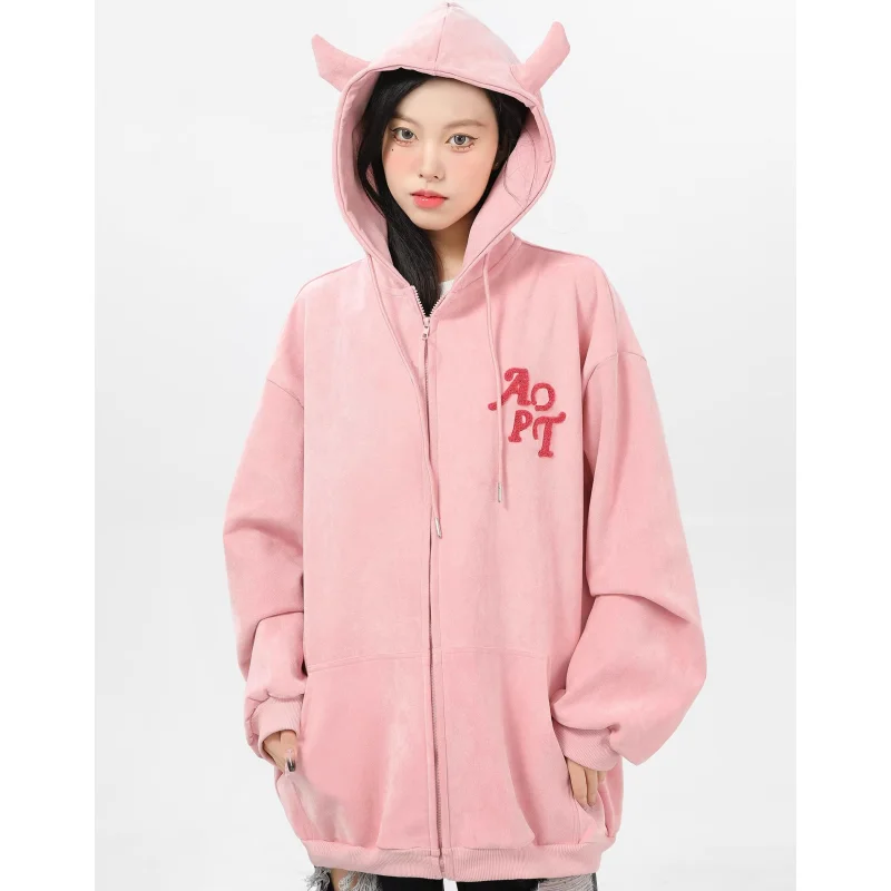 Imagem -05 - Jaqueta Bordada com Capuz para Mulheres Streetwear Rosa Mangas Compridas Tops Macios Moda Coreana Roupa Cinza Y2k Novo Primavera 2024