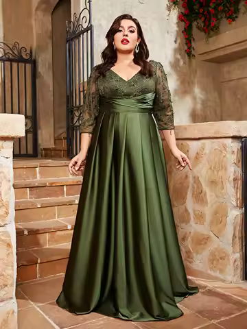 Mgiacy plus size V-neck lace embroidery Mosaic satin cloth hand-folded long skirt Evening gown ball dress Party dress